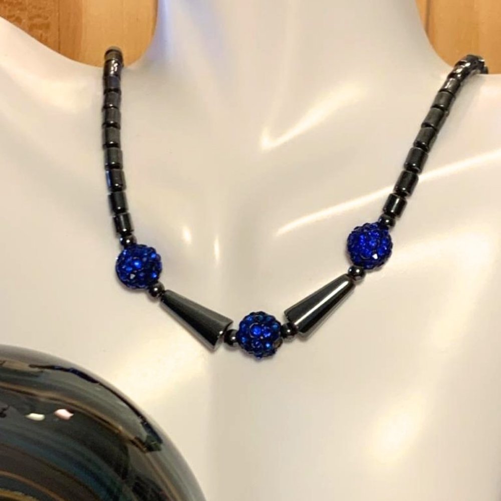 Hematite  & Blue Rhinestone Necklace - Silver-Tone Screw Clasp